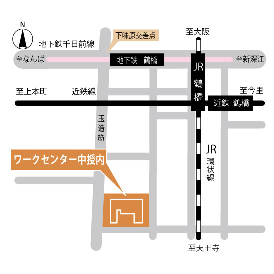 近鉄「鶴橋」駅から南西約200m、JR環状線「鶴橋」駅から南西約350m、地下鉄千日前線「鶴橋」駅から南南西約280m