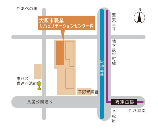 市バス「喜連西池前」バス停から北東約270m、地下鉄谷町線「喜連瓜破」駅から南南西約550m